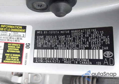 2016 Toyota Corolla Le from USA, damaged, VIN 2T1BURHE1GC484729